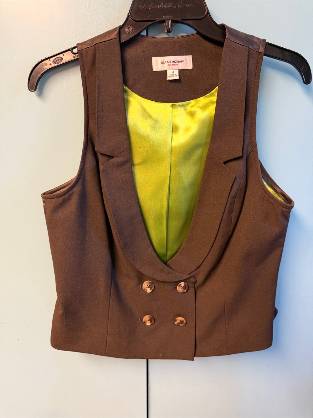 Isaac Mizrahi Brown Sleeveless Double-Breasted Vest with Lime Lining M as new